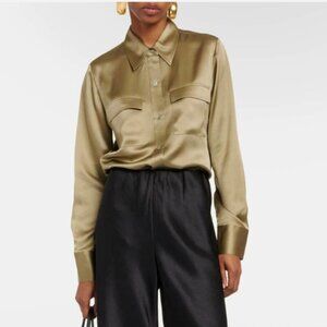 Vince Classic Silk Button-Up Shirt Artichoke Green M